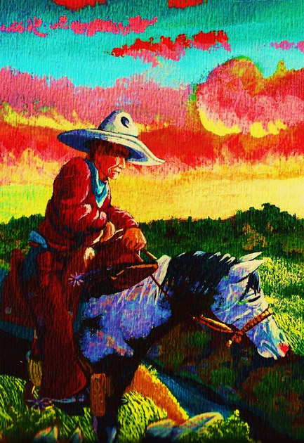 ©Red Sky Lynn Kopelke, Open Crown Productions a painting of a cowboy on horseback with a sunset in the background